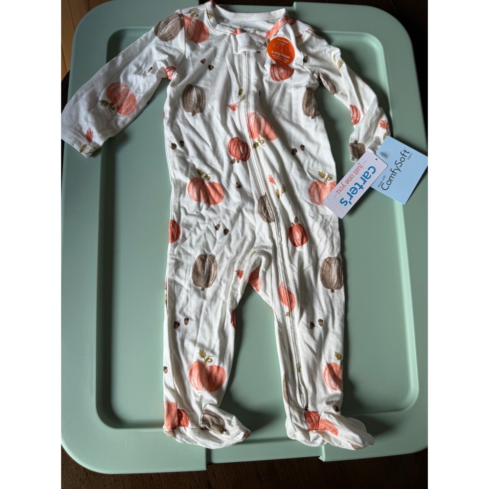 Carters Just One You Baby 6M Pumpkin Print 2-Way Zip Footed Sleeper NWT White - Picture 3 of 3
